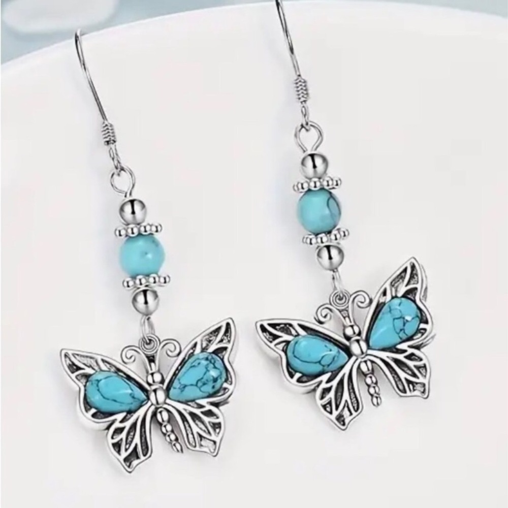 Silver Turquoise Butterfly Dangle Earrings